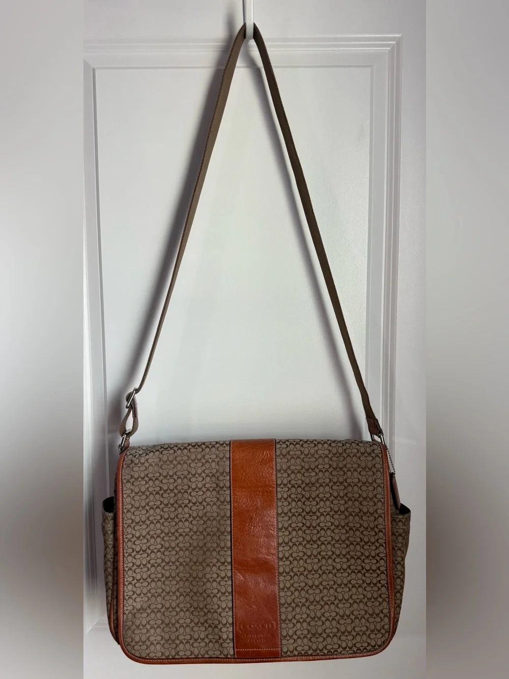 Coach Brown Signature Canvas Messenger Bag with Tan Leather Trim